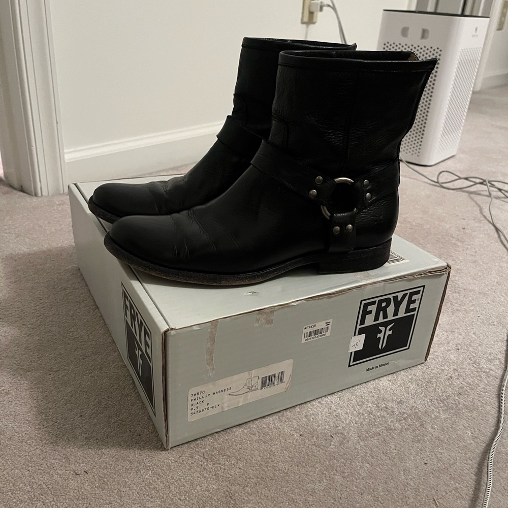 Frye Phillip Harness Black Leather Boots 9.5 - Picture 9 of 10